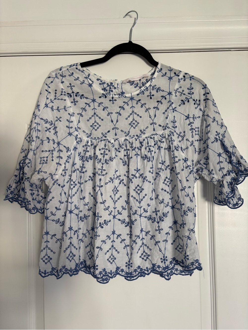 Zara White Eyelet Blouse with Blue Embroidery